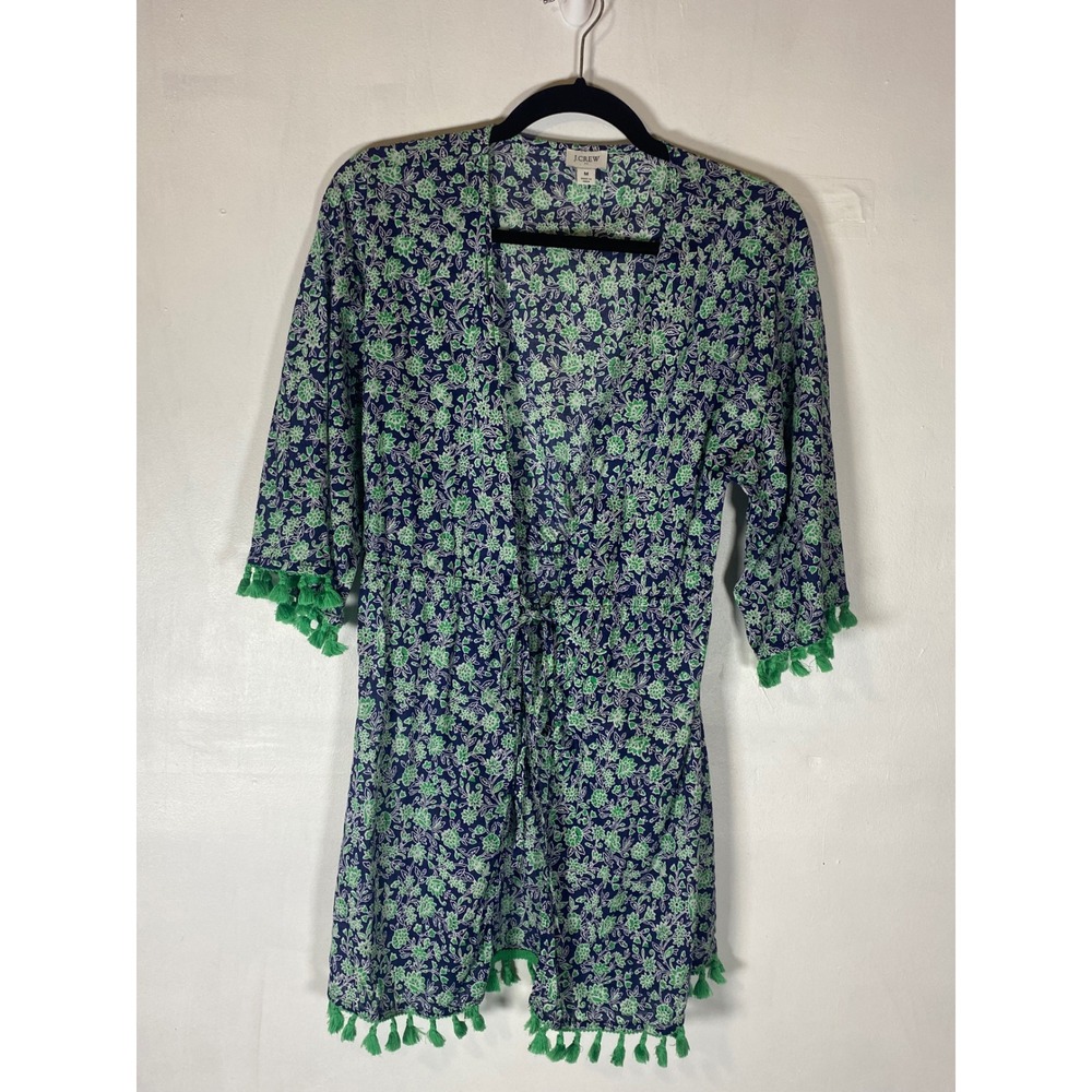 J Crew Floral Tassel Kimono Cover Up M Blue Green Beachcore Vacation Femnine‎